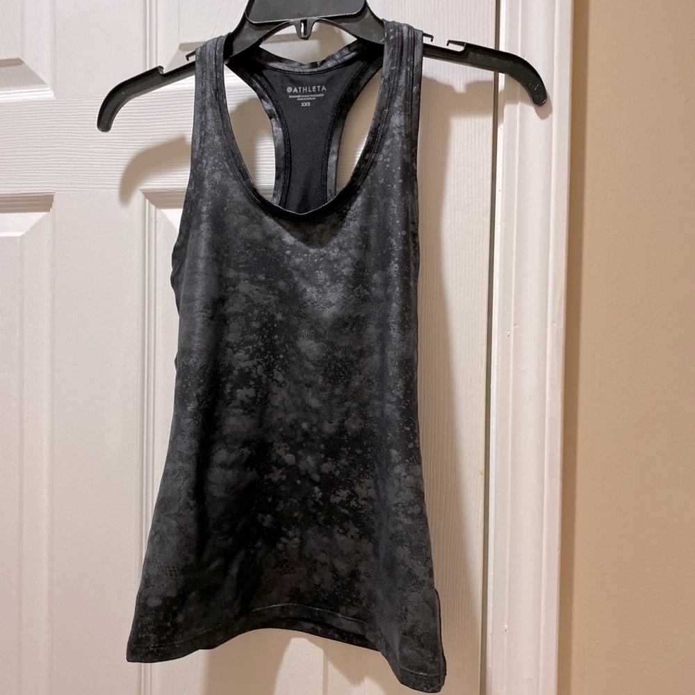 Athleta racer back printed black tank.